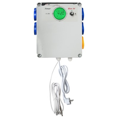 !- GSE, STEROWNIK / PROGRAMATOR CZASOWY Z PRZEKAŹNIKIEM ABSORBUJĄCYM, CYFROWY WYŚWIETLACZ, ŚCIEMNIANIE, DO HPS I LED 0-10V/PWM, TIMERBOX IV 4x600W + OGRZEWANIE NOCNE, 24h/30min, 230V, CZUJNIK TEMP. 