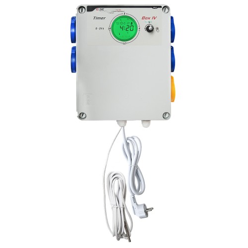 !- GSE, STEROWNIK / PROGRAMATOR CZASOWY Z PRZEKAŹNIKIEM ABSORBUJĄCYM, CYFROWY WYŚWIETLACZ, ŚCIEMNIANIE, DO HPS I LED 0-10V/PWM, TIMERBOX IV 4x600W + OGRZEWANIE NOCNE, 24h/30min, 230V, CZUJNIK TEMP. 