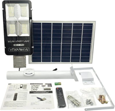 Uliczna Lampa Solarna PREMIUM, WYDAJNOŚĆ 2000W, ZESTAW MONTAŻOWY + PILOT, CZUJNIK ZMIERZCHU, IP65, CSE Clean Solar Energy, VF KRAKOW