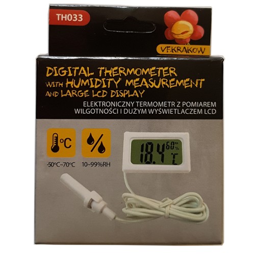  TERMOHIGROMETR (obie funkcje na czujniku z kablem), -50/+70oC, 10%-99%RH, 47x28x15mm ELEKTRONICZNY, VF.KRAKOW, termometr, higrometr
